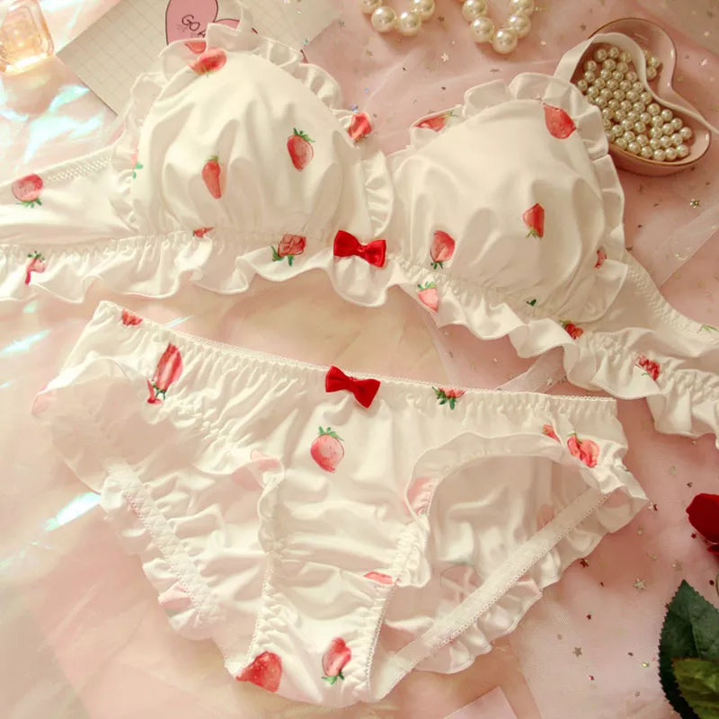 Strawberry Cute Japanese Milk Silk Bra & Panties Set Wirefree Soft Underwear Set Kawaii Lolita Bra and Panty Set Pink Lingerie [LOL]