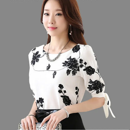 Fashion Women Shirt Blouse Summer Tops Chiffon Casual Shirt O Neck Half Sleeve Floral Printing Female Blusas Clothing [WOM]