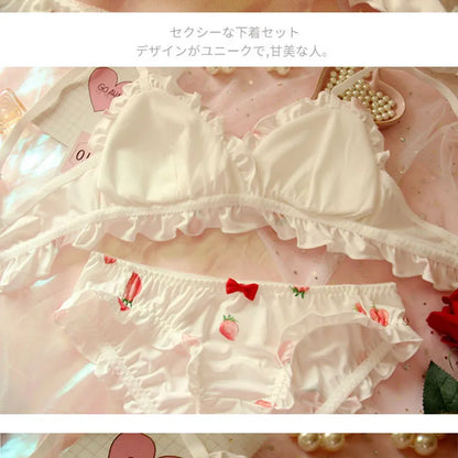 Strawberry Cute Japanese Milk Silk Bra & Panties Set Wirefree Soft Underwear Set Kawaii Lolita Bra and Panty Set Pink Lingerie [LOL]