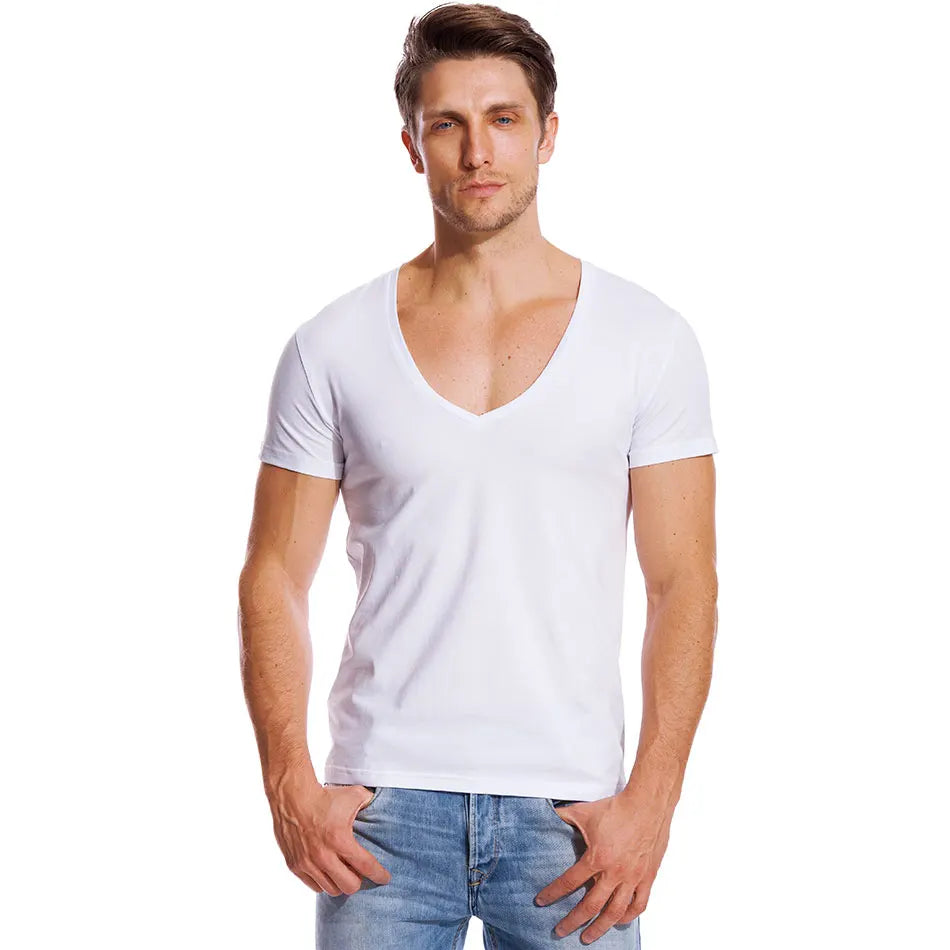 Deep V Neck T-Shirt Men Fashion Compression Short Sleeve T-Shirt Male Muscle Fitness Tight Summer Top Tees [MEN]