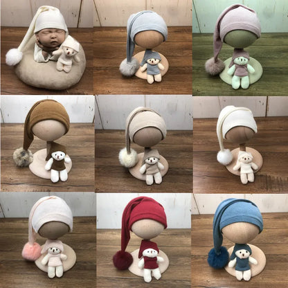 ❤️CYMMHCM Newborn Photography Props Cute Plush Ball Hat+Doll 2Pcs/set Infant Photo Accessories Studio Baby Shoot Cap Fotografia [PHO]