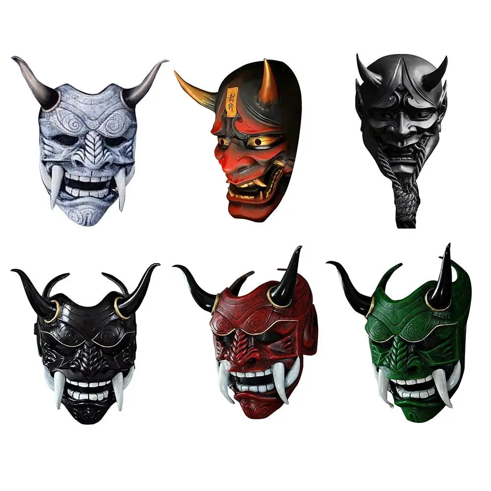 Halloween Red Prajna Hell Ghost Mask Cosplay Japanese Oni Samurai Mask Cow Devil Red Face Grimace Horn Mask Cosplay Costume Prop [COS]
