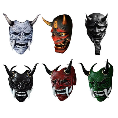 Halloween Red Prajna Hell Ghost Mask Cosplay Japanese Oni Samurai Mask Cow Devil Red Face Grimace Horn Mask Cosplay Costume Prop [COS]
