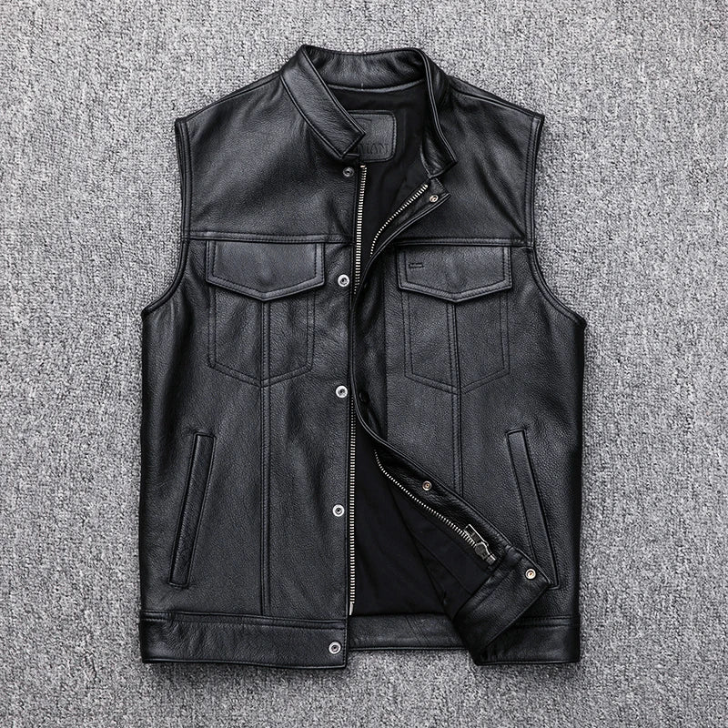 Fashion 100% Cowskin Sons Of Anarchy Leather Rock Punk Vest Cosplay Costume Black Color Motorcycle Biker Sleeveless Jacket [COS]