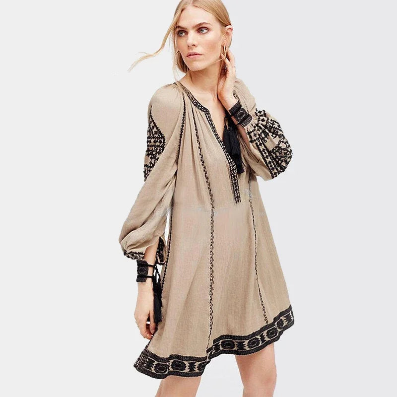 Khale Yose Long Sleeve Ethnic Dress Tassels Boho Hippie Chic Women Embroidery Dress Cotton Gypsy Vintage Dresses Womens Tunic [WOM]