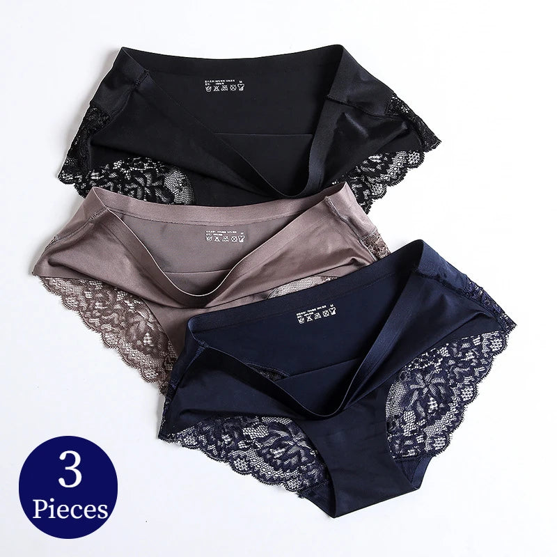 WHPC 3PCS/Set Lace Women's Panties Big Size 4XL Soft Cozy Underwear Female Silk Satin Briefs Breathable Underpants Sexy Lingerie [UND]