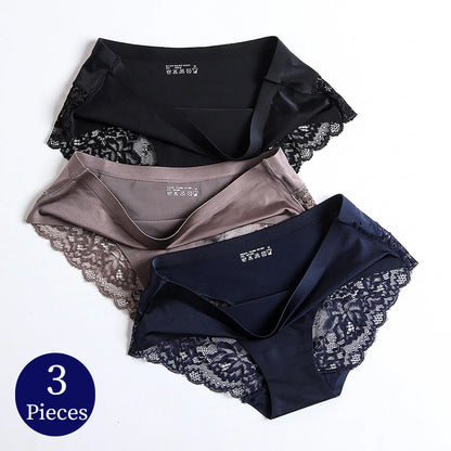 WHPC 3PCS/Set Lace Women's Panties Big Size 4XL Soft Cozy Underwear Female Silk Satin Briefs Breathable Underpants Sexy Lingerie [UND]