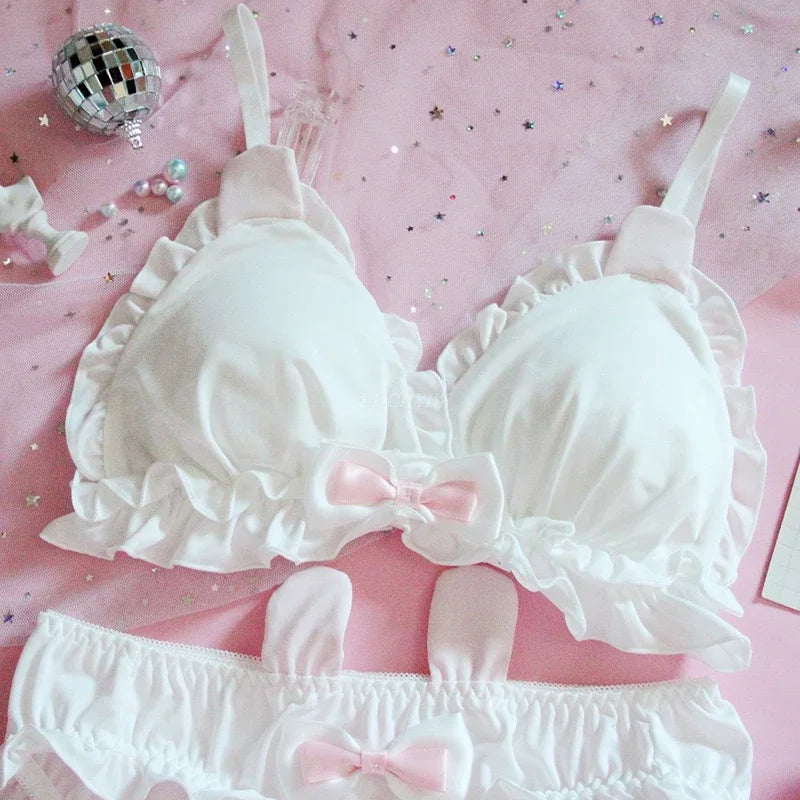 Japanese Lolita Kawaii Bow Ruffle White Underwear Set Sexy Female Cute Rabbit Ears Lingerie Women's Bra & Panties Set Bras [LOL]