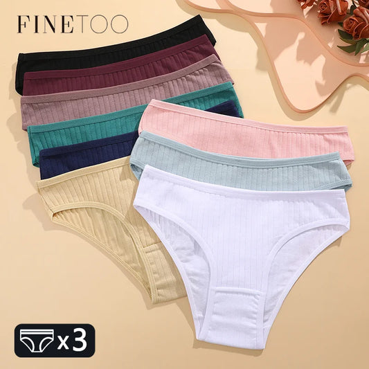 FINETOO 3PCS/SET Women's Cotton Panties Soft Striped Underpants Sexy Solid Color Briefs Female Comfortable Stretch Lingerie M-XL [UND]