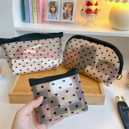 Mesh Cosmetic Makeup Bags Case Holder Cute Transparent Zipper Black Heart Printed Pencil Pen Case Pouch Convenient To Carry [CSM]