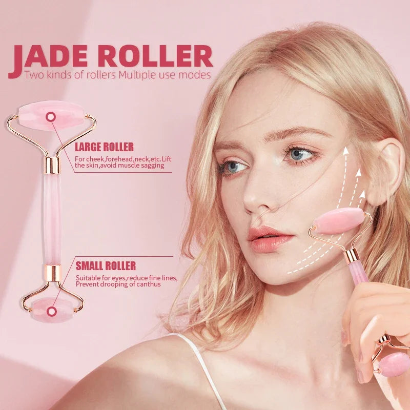 Natural Facial Massager Face Roller Gua Sha Scraper Double Heads Jade Stone Roller Skin Care Rose Quartz Massage for Face Body [SKC]