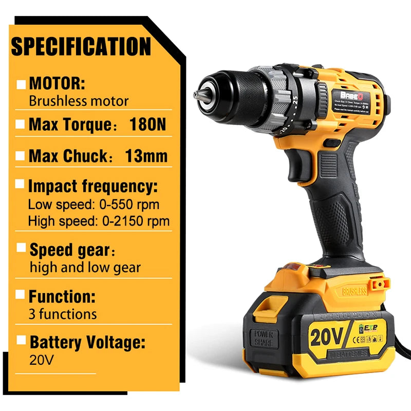 13mm Brushless Electric Impact Drill 3 in 1 Electric Cordless Screwdriver 180N.M Torque For Makita18-21V Battery Power Tools [PTO]