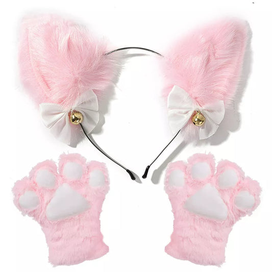 Cat Ear Maid Gloves Cosplay Costume Set Plush Ear Bell Headband Hair Band Bowknot Bells Hair Clips Paws Anime Props for Girls [COS]