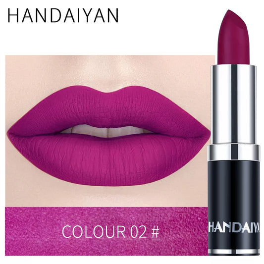 Handaiyan Sexy Nude Red Brown Purple Lipgloss Matte Lip Gloss Velvety Lipstick Matte Waterproof Makeup Long Lasting Cosmetic [CSM]