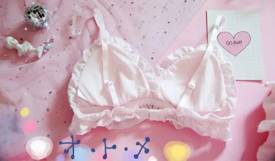 Japanese Lolita Kawaii Bow Ruffle White Underwear Set Sexy Female Cute Rabbit Ears Lingerie Women's Bra & Panties Set Bras [LOL]