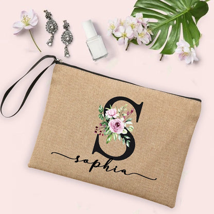 Flower Initial Letter Custom Name Cosmetic Bag Women Neceser Makeup Bag Linen Zipper Pouch Travel Toiletry Organizer Mujer Bolsa [CSM]