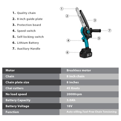 8 Inch Brushless Electric Saw With Oil Can Cordless Handheld Pruning Chainsaw Woodworking Logging Saw Branch Cutting Power Tools [TOL]