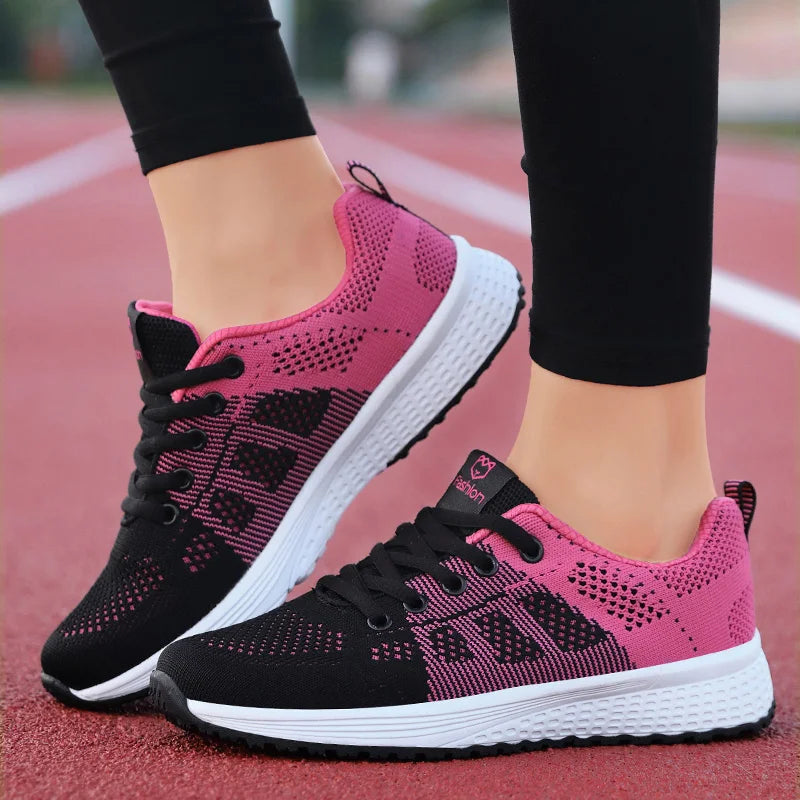 Women Casual Shoes Breathable Walking Mesh Lace Up Flat Shoes Sneakers Women Tenis Feminino Pink Black White [SHO]