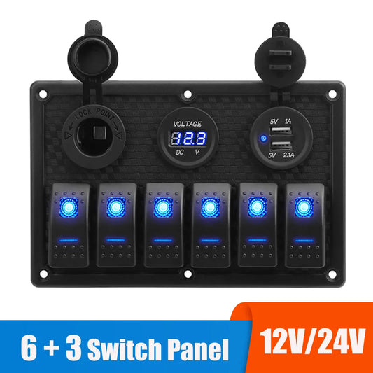 24V 12V 6 Buttons Switch Panel With Digital Voltmeter Tester USB Chargers 3.0 Light Toggle Car Power Adapter Marine Boat Caravan [MRN]