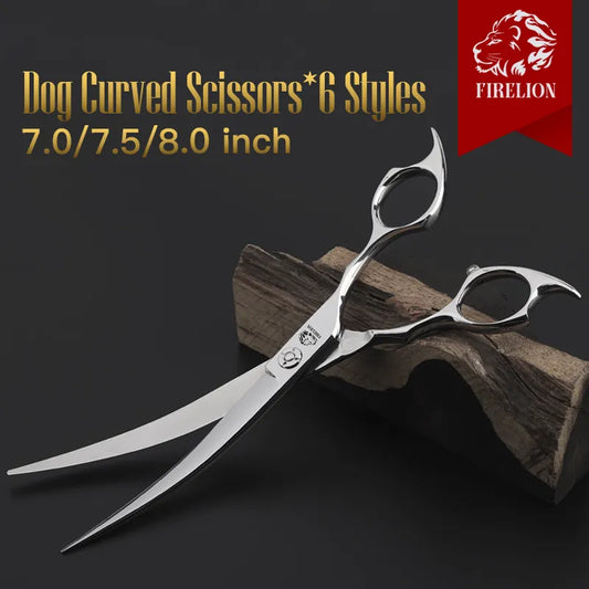 Pet Grooming Scissors FIRELION 7.0/7.5/8.0 Inch 440c Steel Professional Dog Grooming Shears Animal Curved Scissors for Dogs Hair [PET]