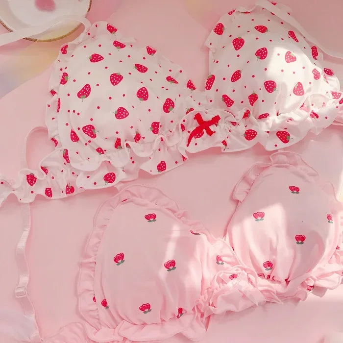 Strawberry / Print Japanese Milk Silk Bra & Panties Set Wirefree Soft Underwear Intimates Set Kawaii Lolita Bra and Panty Set [LOL]