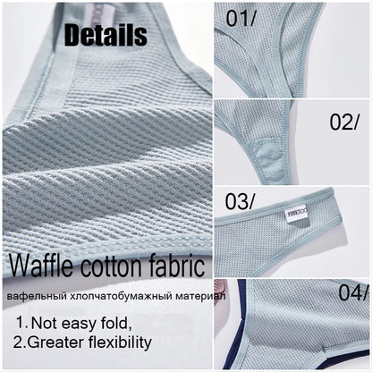 6PCS/Set Women Sexy Waffle Cotton Panties V-Waist High Elasticity G-String Thong Breathable Underwear Female Intimates Lingerie [UND]