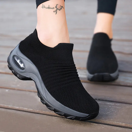 Women's Casual Sports Socks Sneakers Fashionable Thick Sole Air Cushion, Elevated Sloping Heel Rocking Shoes [SOX]