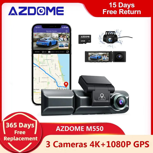 AZDOME M550 3 Channel Dash Cam Front Inside Rear Three Way Car Dash Camera 4K+1080P Dual Channel With GPS WiFi IR Night Vision [CAR]