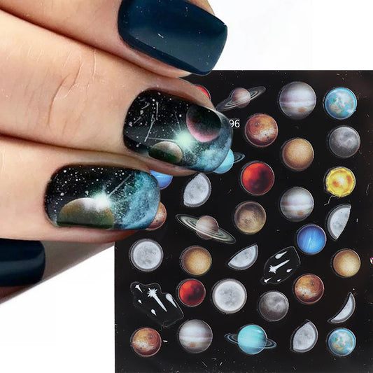 3D Space Nail Stickers Planet Nail Charms Stars Galaxy Foils Colorful Firework Sliders Watercolor Flowers Decoration  [BEU]