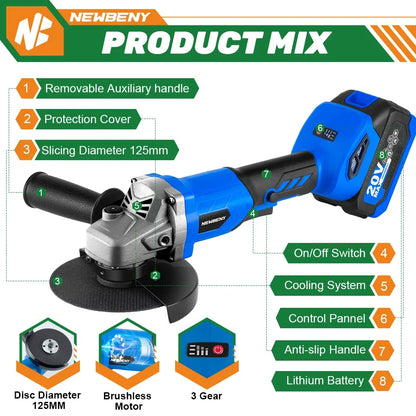 NewBeny 125mm Cordless Brushless Angle Grinder 3Gear DIY Woodworking Cutting Polishing Grinding Power Tool For Makita 18VBattery [PTO]