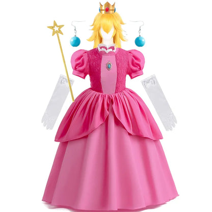 New Baby Girls Queen Peach Princess Dress Kids Cosplay Costume Children Birthday Carnival Party Outfit Stage Performance Clothes [COS]