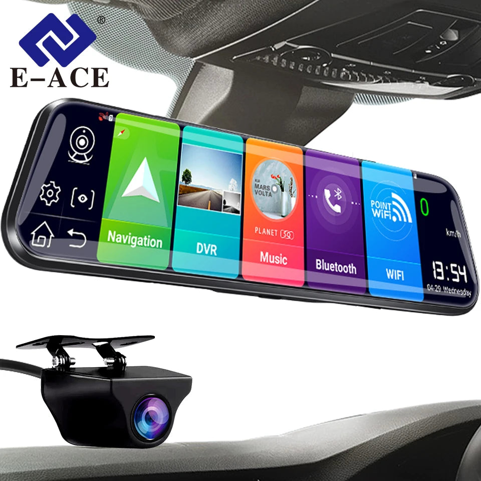 E-ACE 4G Car Dvr 10 Inch Mirror Dash Cam Android 8.1 GPS Navigation Car Camera Auto Recorder ADAS Support 1080P Rear Camera [CAR]