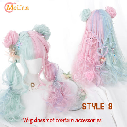 MEIFAN Synthetic Long Ombre Colorful Cosplay Lolita Harajuku Wig With Bangs Natural Wavy Halloween Pink Purple Blue Daily Wigs [LOL]