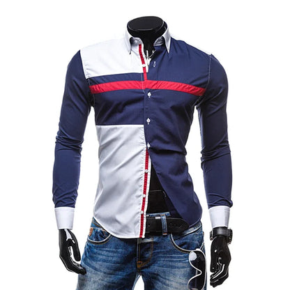 Men Long Sleeve Shirt 2023 Spring Striped Shirts Slim Fit Male Casual Social Patchwork Shirt Turn-down Collar Camisa Masculina [MEN]