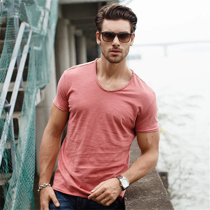 AIOPESON 100% Cotton Men T-shirt V-neck Fashion Design Slim Fit Soild T-shirts Male Tops Tees Short Sleeve T Shirt For Men [TSH]