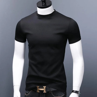 Men's Casual Turtleneck T-Shirts Short Sleeve Solid Slim Fit Silk High Neck Tops Inner Wear Trendy Round Neck Base Layer Shirt [MEN]