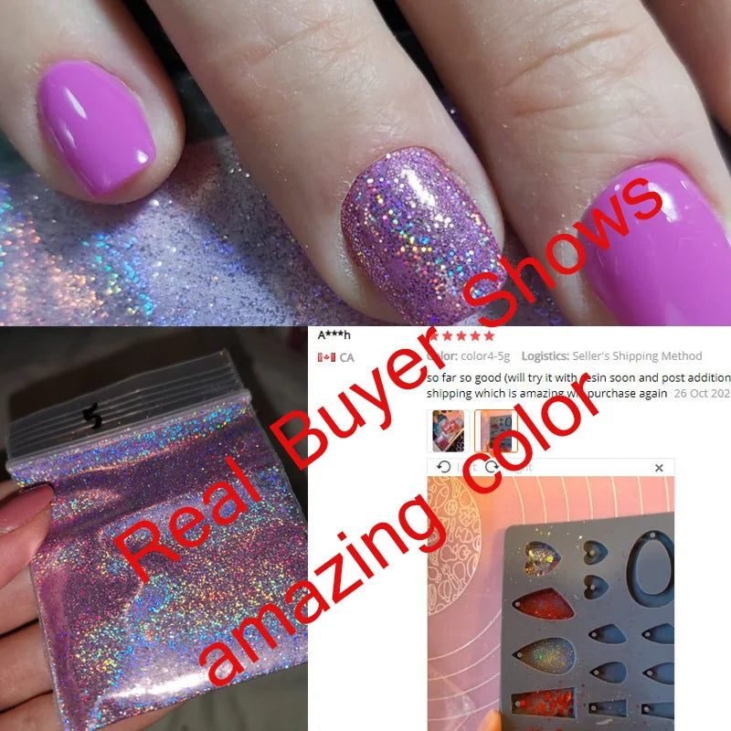 1/128  5g Holographic Rainbow Extra Fine Glitter Powder Dazzling Silver/Pink/Gold Nail Holo Glitter Cosmetic Grade Glitter 0.2mm [CSM]