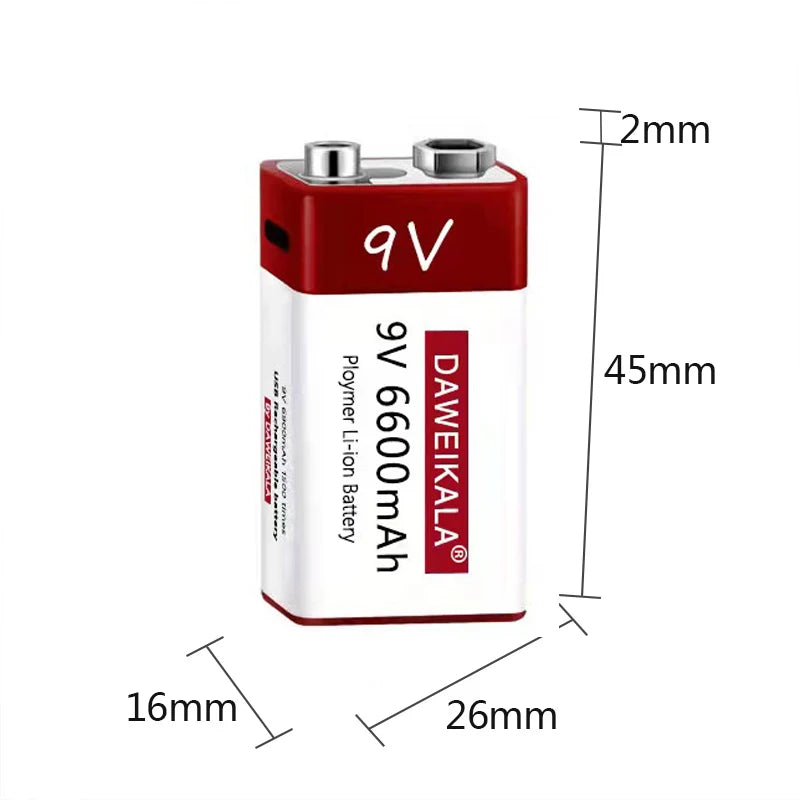 New 9V 6900mah Lithium Ion Rechargeable Battery Type-C USB Battery 9V Multimeter Lithium Microphone Metal Detector Cable Remote [MTL]