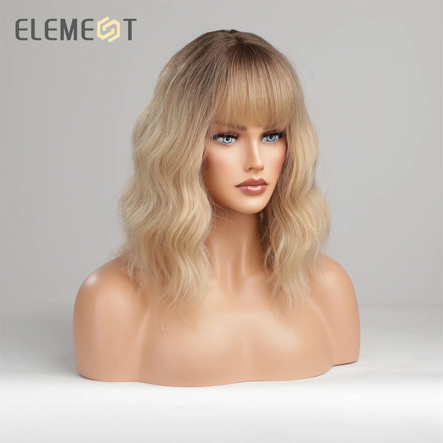 ELEMENT 16 Inch Ombre Golden Blonde Loose Curly Hair Wig with Bangs Lolita Cosplay Party Daily Wigs for Women [LOL]