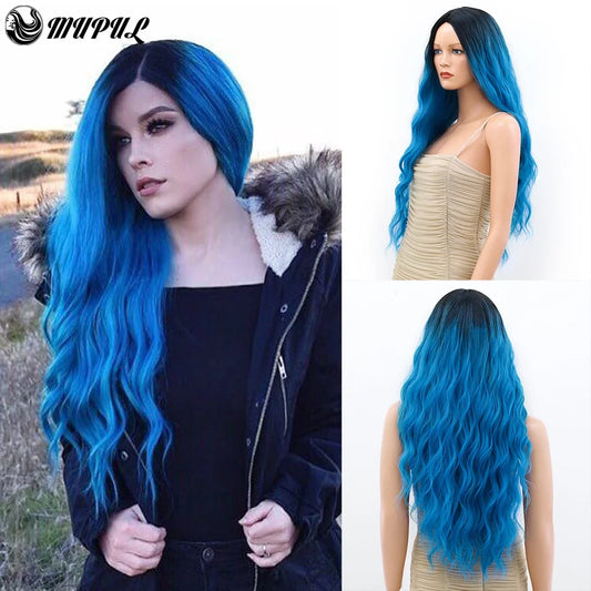 Synthetic Wig For Woman Blue Colored Ombre Long Body Water Wave Wig Cosplay Party Lolita 28 Inch Heat Resistant Natural wig [LOL]