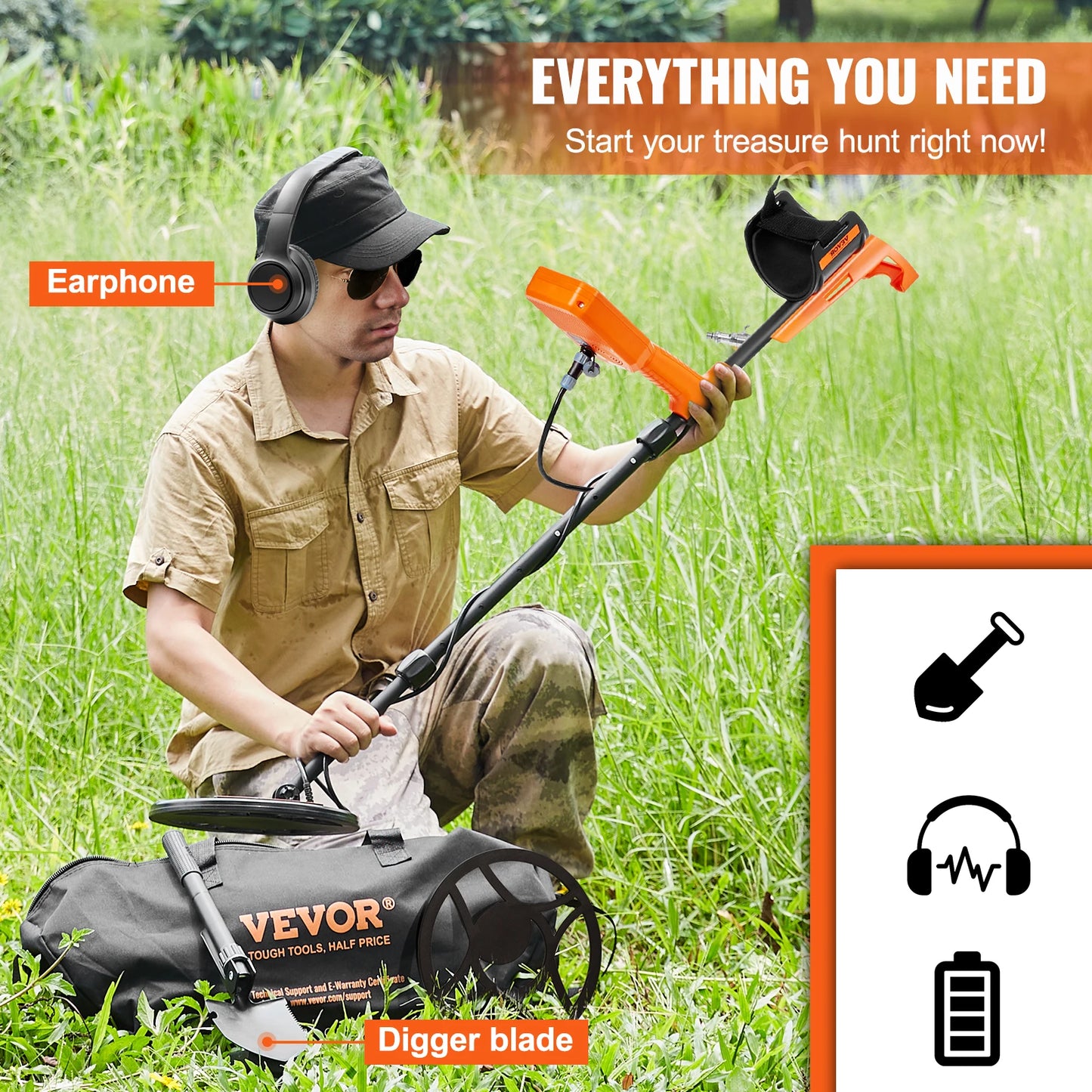 VEVOR Professional Rechargeable Metal Detector 12" IP68 Waterproof Coil 39-50 in Adjustable with LCD 7Modes for Treasure Hunting [MTL]