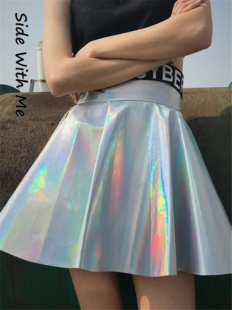 Jo's Magia Box Y2k Holographic Pleated Sexy Women Mini Skirts PU Rainbow Laser Harajuku Party Club High-waisted Women's Skirts [WOM]