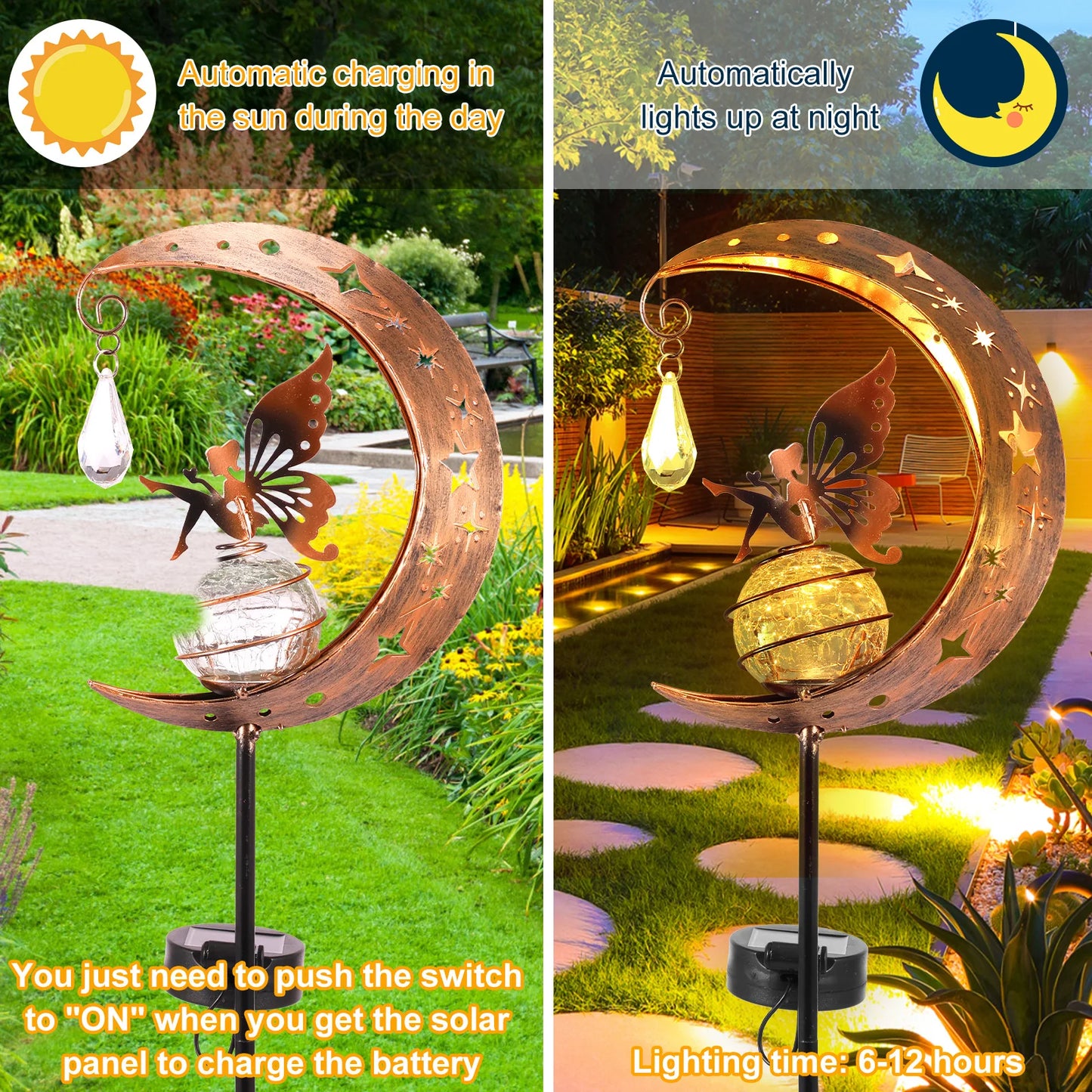 Fairy Moon Solar Light Lawn Outdoor Ornament Creative Decorative Iron Hollow Crack Ball Lamp Angle Art Led Yard Decor [SLG]