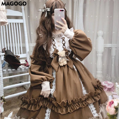 Japanese Gothic Vintage Lolita Dress for Women Cute Bow Bear Lace Blue Dresses Long Sleeve Princess Dress Halloween Costume [LOL]