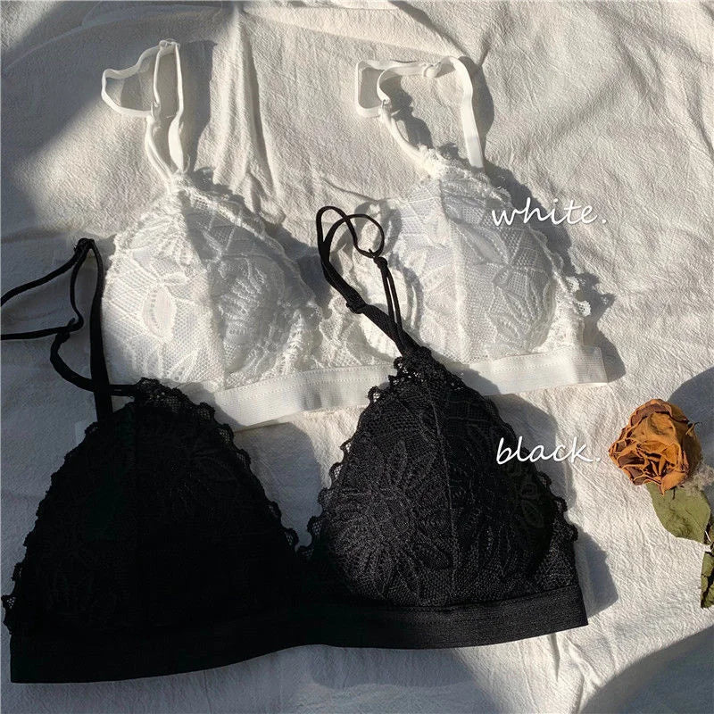 French Lace Triangle Up Lace Bralette No Steel Ring Seamless Bras Sexy Women Thin Pad Bra Summer Breathable Brassier [BRA]