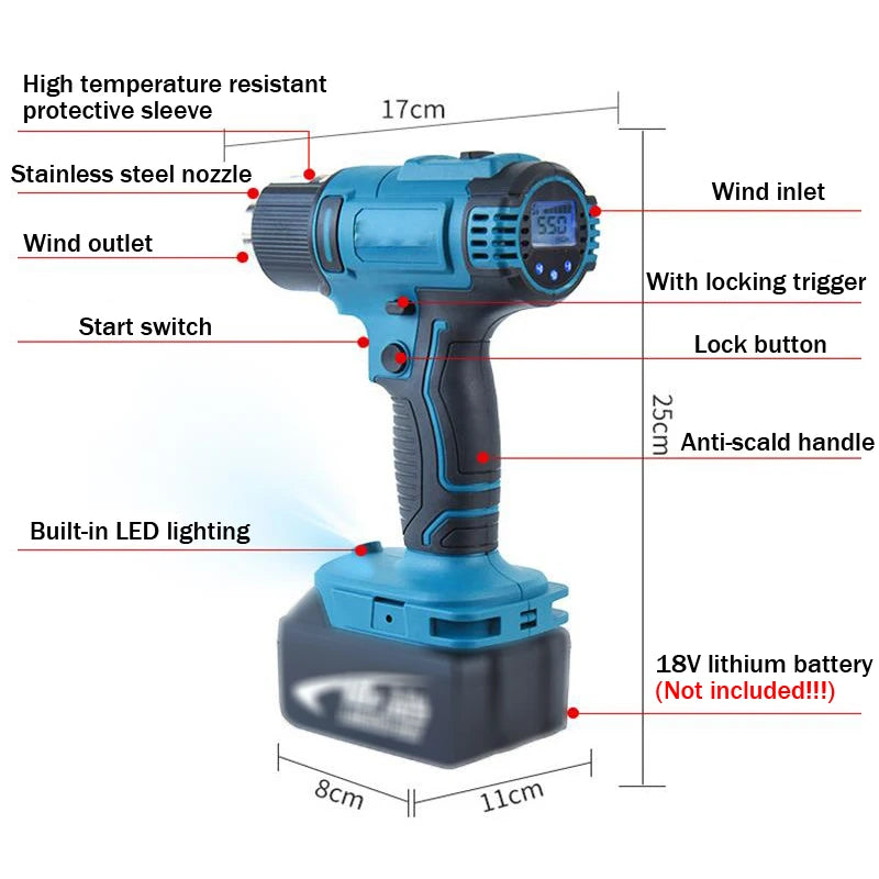 Heat gun 2500W Cordless Electric Heat Gun 0-550℃Temp Adjustab Heating Equipment Hot Air Machine Compatible for Makita 18Vbattery [TOL]