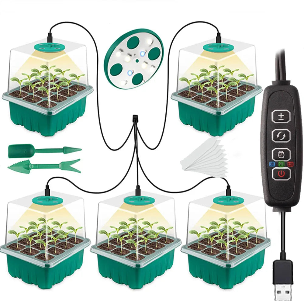 Full Spectrum LED Grow Light with Seedling Tray Plant Seed Starter Trays Home Greenhouse Growing Lamp with Hole 12 Cell Per Tray [GAR]