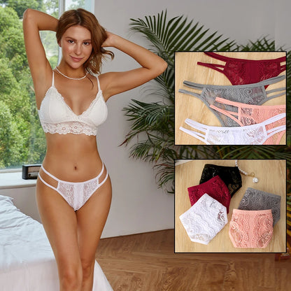 3Pcs/Set Sexy Lace Hollow Out Thongs Women Panties Low Waist Transparent G-String Underwear Female Breathable Intimates Lingerie [UND]