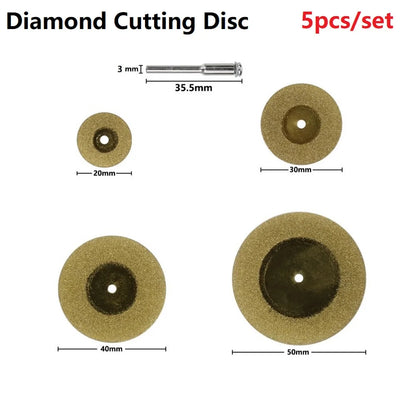 5 PCS Mini Diamond Cutting Disc & 3mm Shank Mandrel Set For Dremel Rotary Tools Accessories TiN Coated Circular Saw Blade [PTO]