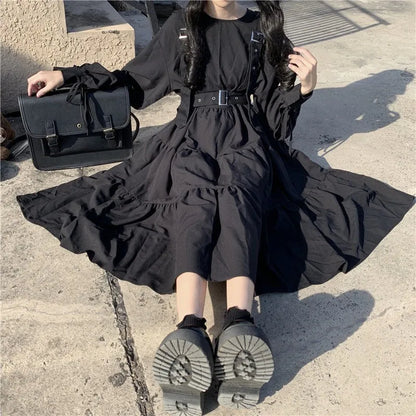 QWEEK Gothic Style Dress Women Harajuku Gothic Lolita Goth Kawaii Dress Punk Cute Long Sleeve Black Midi Dress 2021 Emo Oversize [LOL]